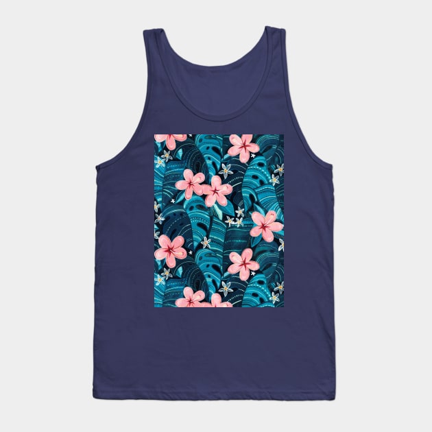 Moody Tropical Pattern in Cyan and Sapphire with Pink Tank Top by micklyn